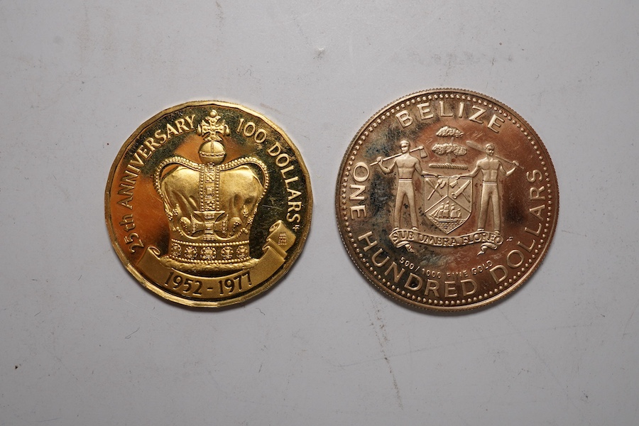 Gold coins, Belize proof gold $100, Angel dish 1979, (.500) UNC and British Virgin Islands proof gold $100, 25th Anniversary of the accession of QEII, 1977, (.900) UNC